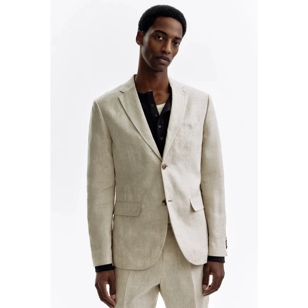 H&M Slim Fit Light Beige Linen Jacket Blazer Size 38R Coastal Beach Sport Coat
